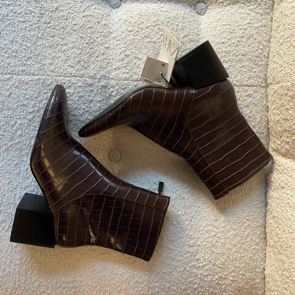 Brown Faux Crocodile Ankle Booties - Picture 2 of 4